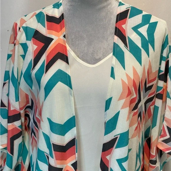 #0224 Xhilaration Geometric Kimono with Aztec Pattern, Sleeves, & Fringe-XS - Picture 3 of 7